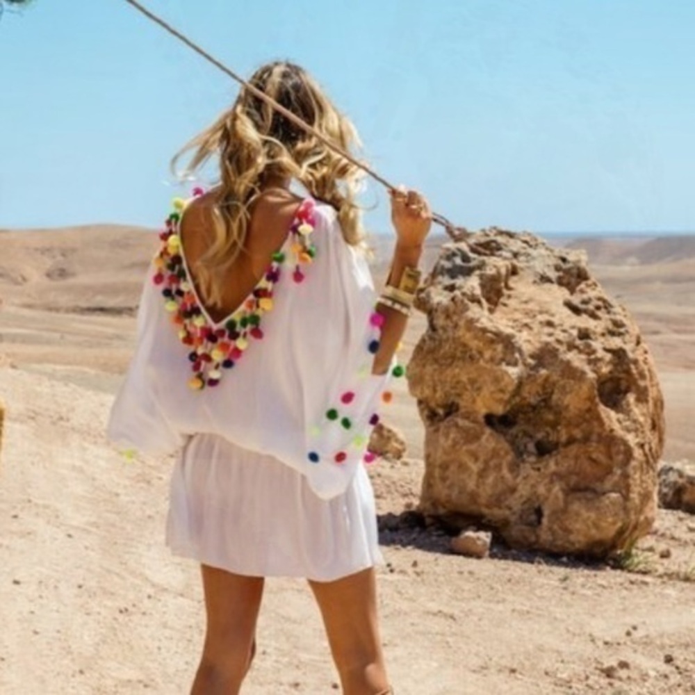 NWT Anthropologie x Sundress Coverup Loulou Pom Pom Tassels White Multi
